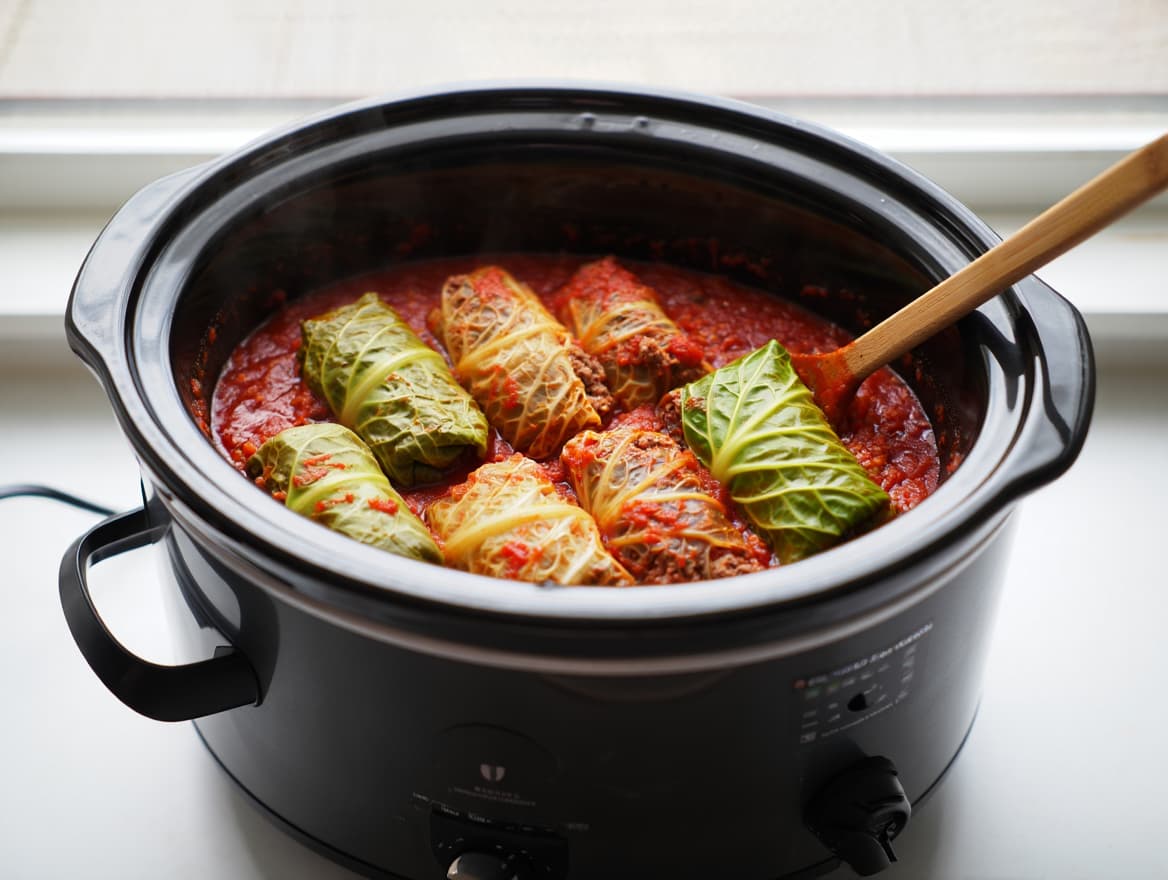 Crockpot Beef and Rice Stuffed Cabbage