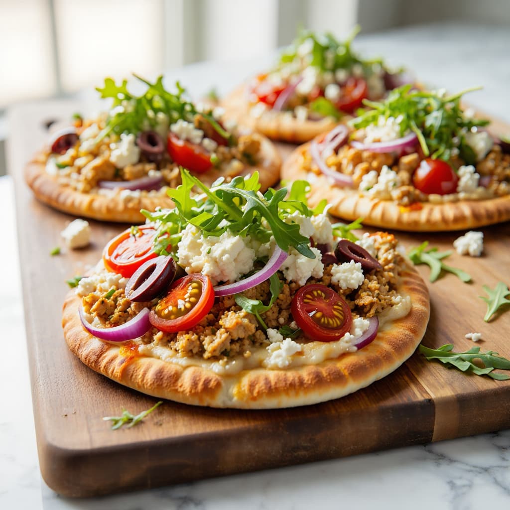 Mediterranean Ground Chicken Pita Pizzas