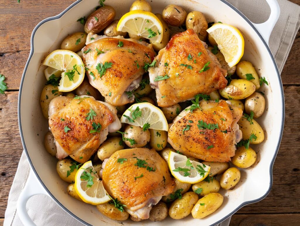Crispy One-Pan Lemon Garlic Chicken Thighs with Potatoes