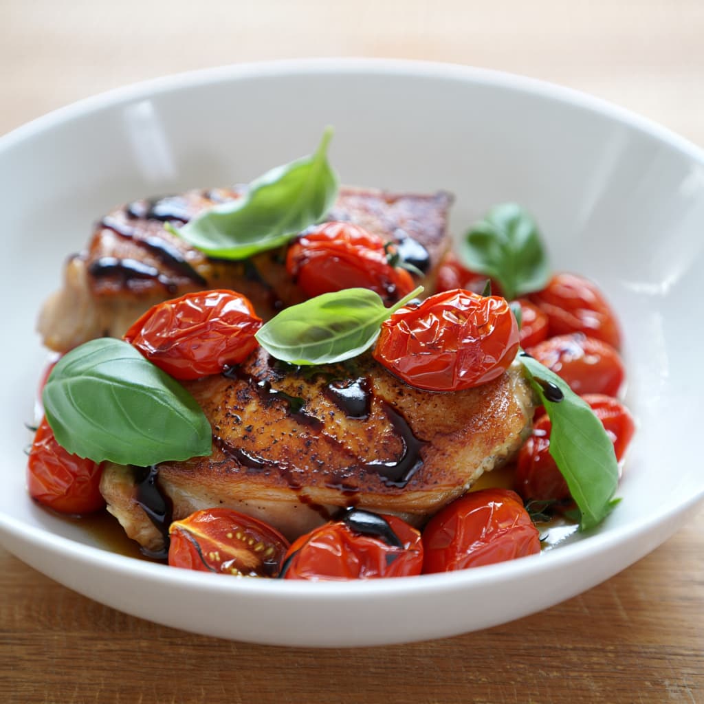 One-Pan Balsamic Chicken Thighs with Cherry Tomatoes and Basil