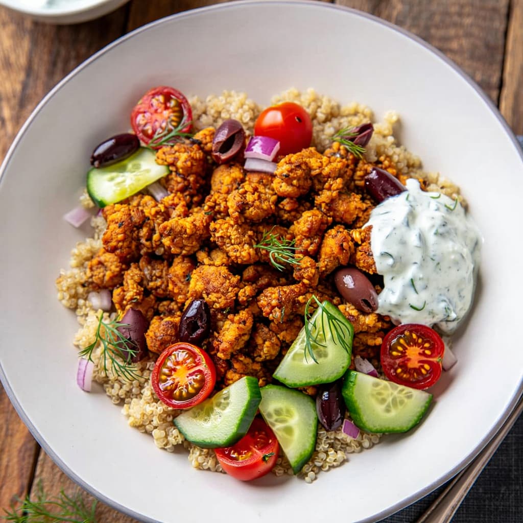 Greek-Style Ground Chicken Bowls with Tzatziki.