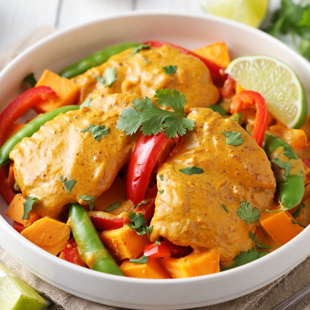One-Pan Coconut Curry Chicken Thighs with Sweet Potatoes