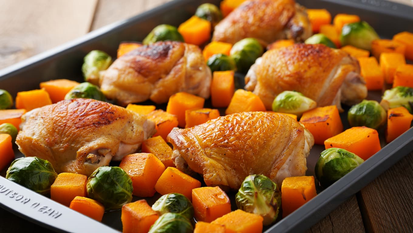 One-Pan Roasted Chicken with Butternut Squash and Brussels Sprouts