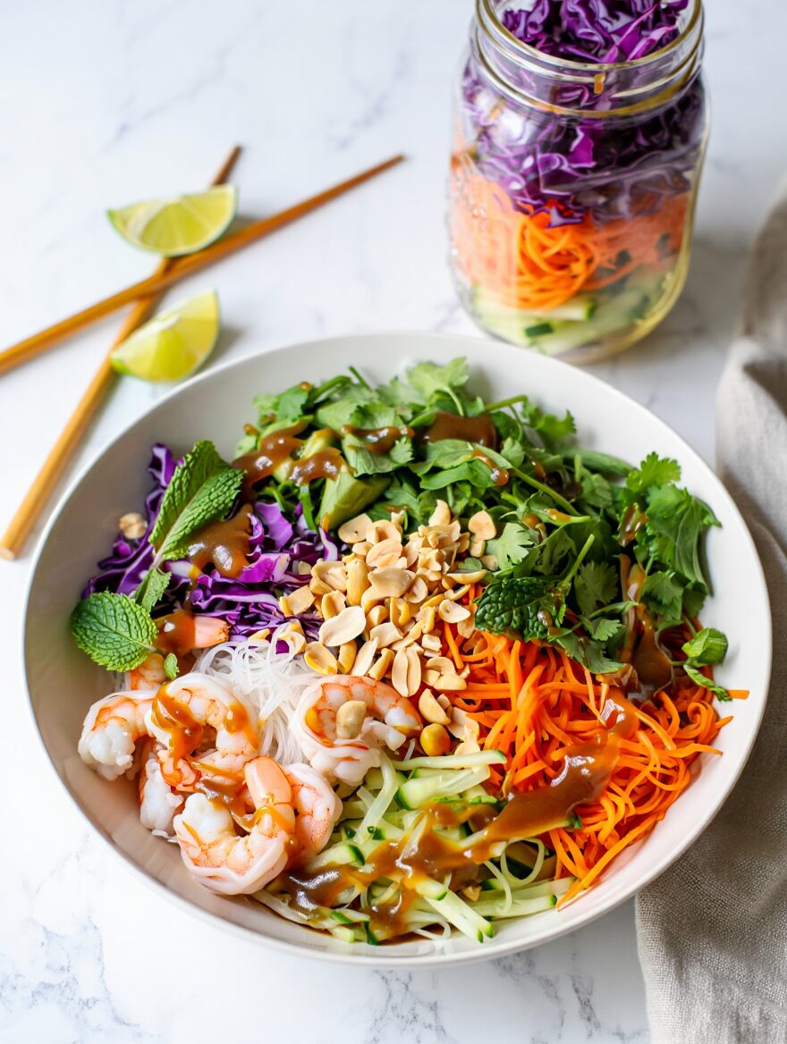 Vietnamese Noodle Jar
Ingredients
2 oz rice vermicelli noodles, cooked and rinsed cold
4 oz cooked shrimp or chicken, sliced and cooled
1/2 cup shredded carrots
1/4 cup shredded purple cabbage
1/4 English cucumber, cut into thin strips
A handful of fresh mint and cilantro
2 tablespoons roasted peanuts, roughly chopped

For the nuoc cham dressing:

2 tablespoons fish sauce
2 tablespoons lime juice
1 tablespoon sugar
3 tablespoons warm water
1 clove garlic, minced
1/2 teaspoon chili garlic sauce
