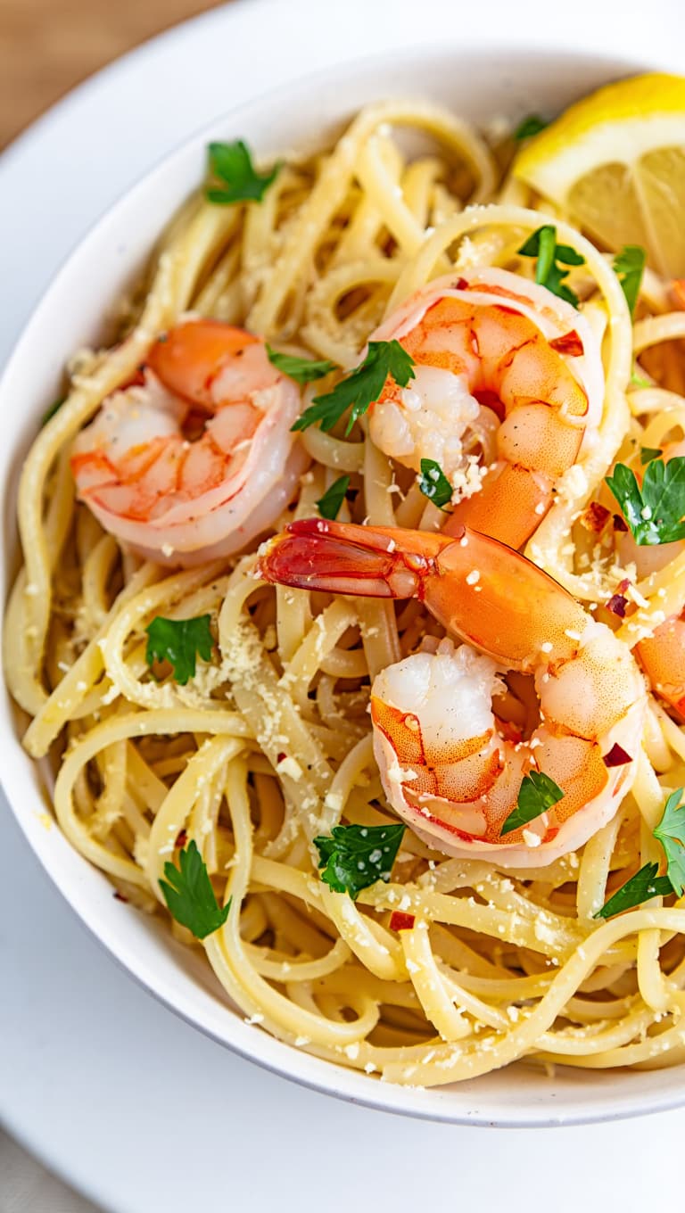 Stovetop Lemon Garlic Shrimp Pasta Ingredients 400g spaghetti or linguine 500g large shrimp, peeled and deveined 4 cloves garlic, minced 3 tablespoons olive oil Juice and zest of 1 lemon 1/2 teaspoon chili flakes Salt and black pepper to taste Handful of fresh parsley, chopped Grated Parmesan for serving