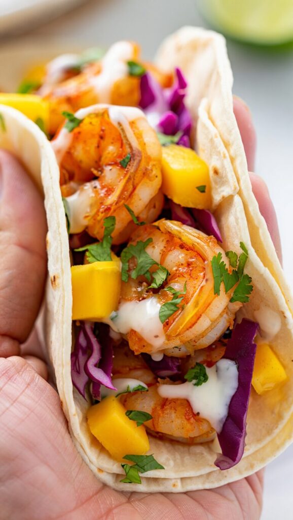 Garlic Butter Shrimp Tacos with Mango Slaw