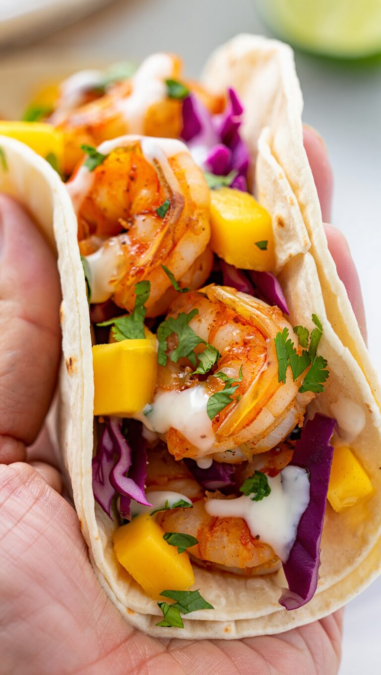 Garlic Butter Shrimp Tacos with Mango Slaw