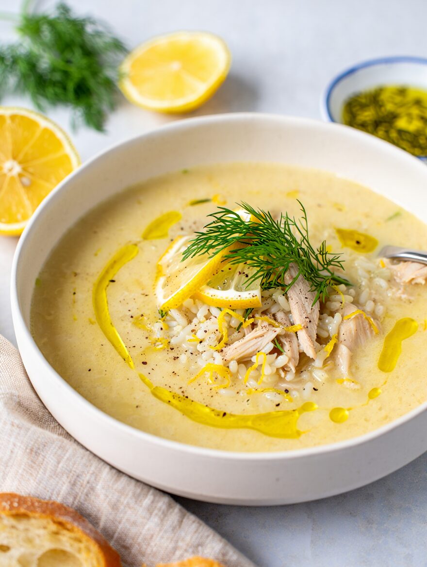 Greek Lemon Rice Soup (Avgolemono) Ingredients 1 1/2 lbs boneless chicken thighs 1 cup long grain white rice, uncooked 6 cups chicken broth 3 large eggs Juice of 2 large lemons 1 tsp garlic powder 1 tsp salt 1/2 tsp white or black pepper 2 tbsp olive oil 1 small yellow onion, diced Fresh dill for finishing​​