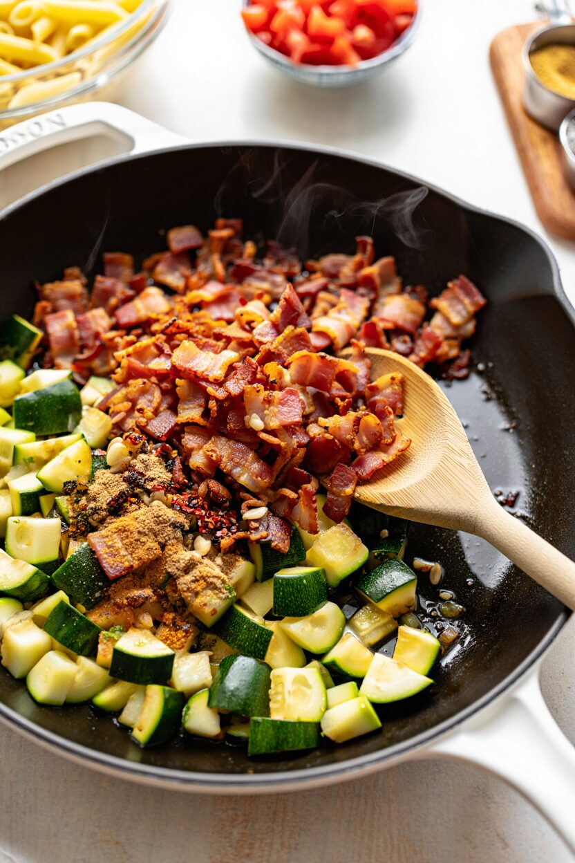 Baked Zucchini and Tomato Pasta with Bacon