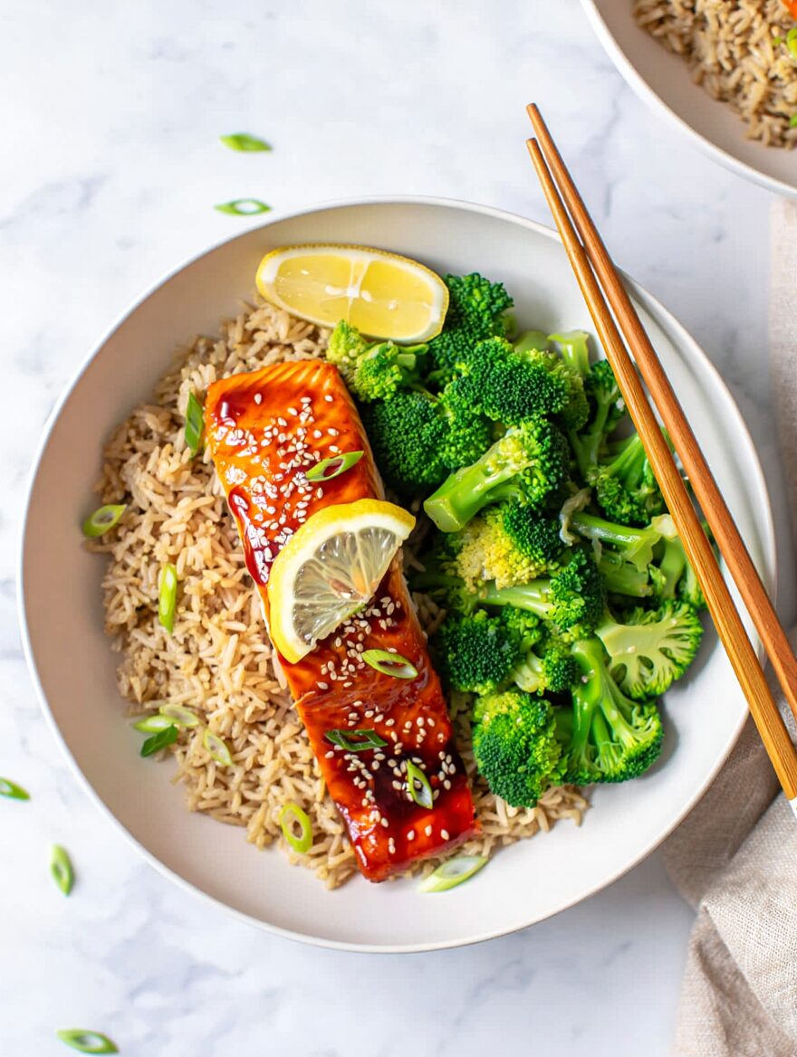 Baked Salmon with Brown Rice and Steamed Broccoli