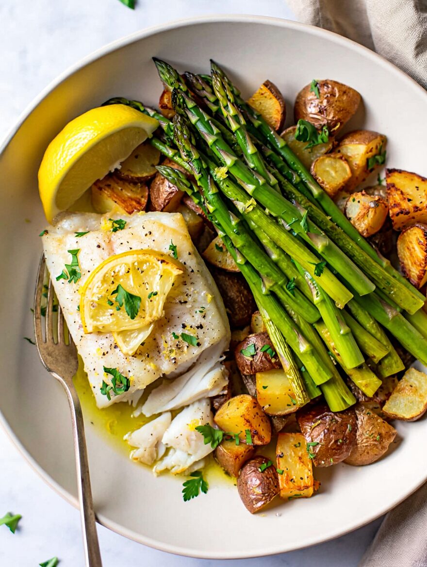 Baked White Fish with Roasted Potatoes and Asparagus