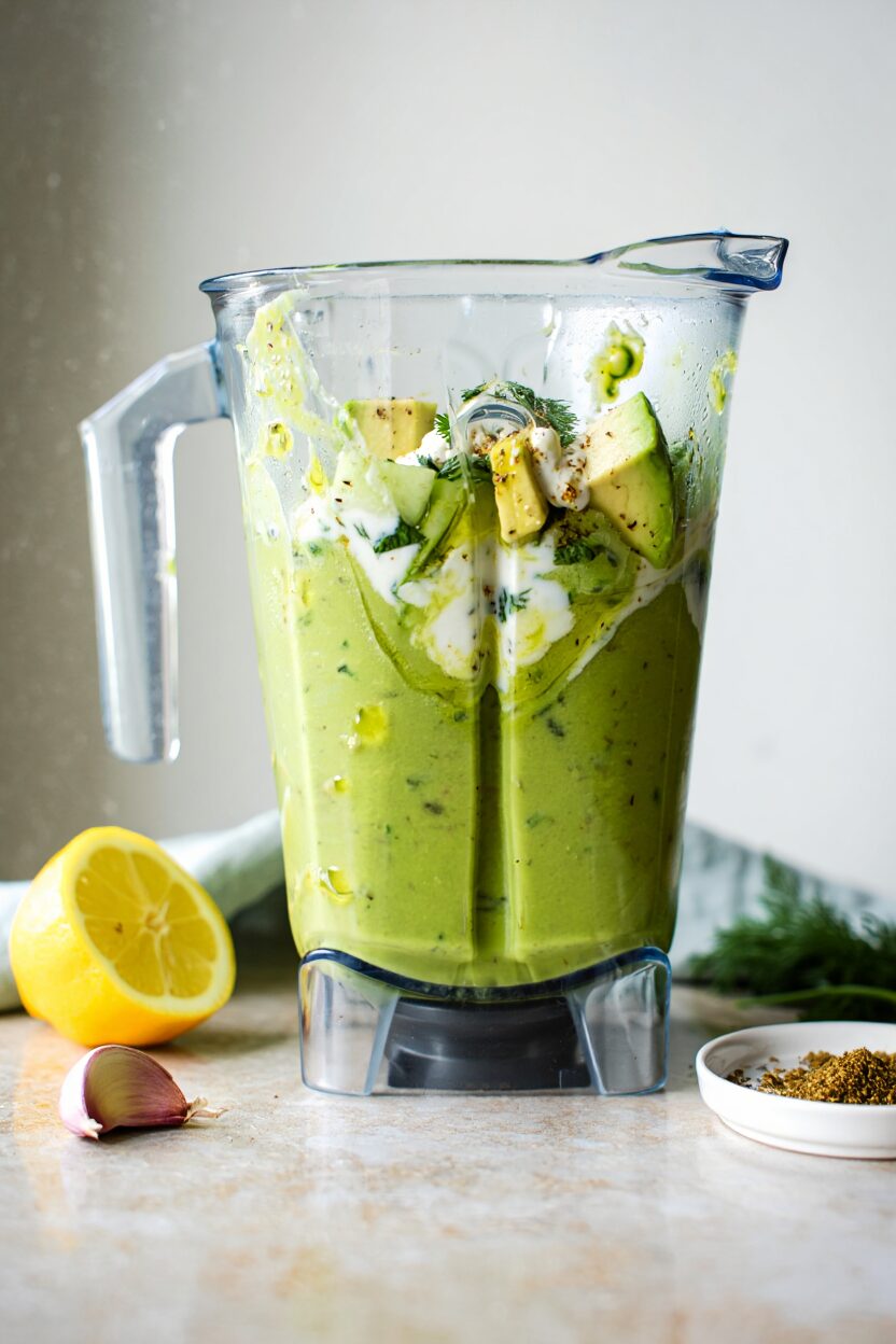 Chilled Avocado Cucumber Soup with Shrimp