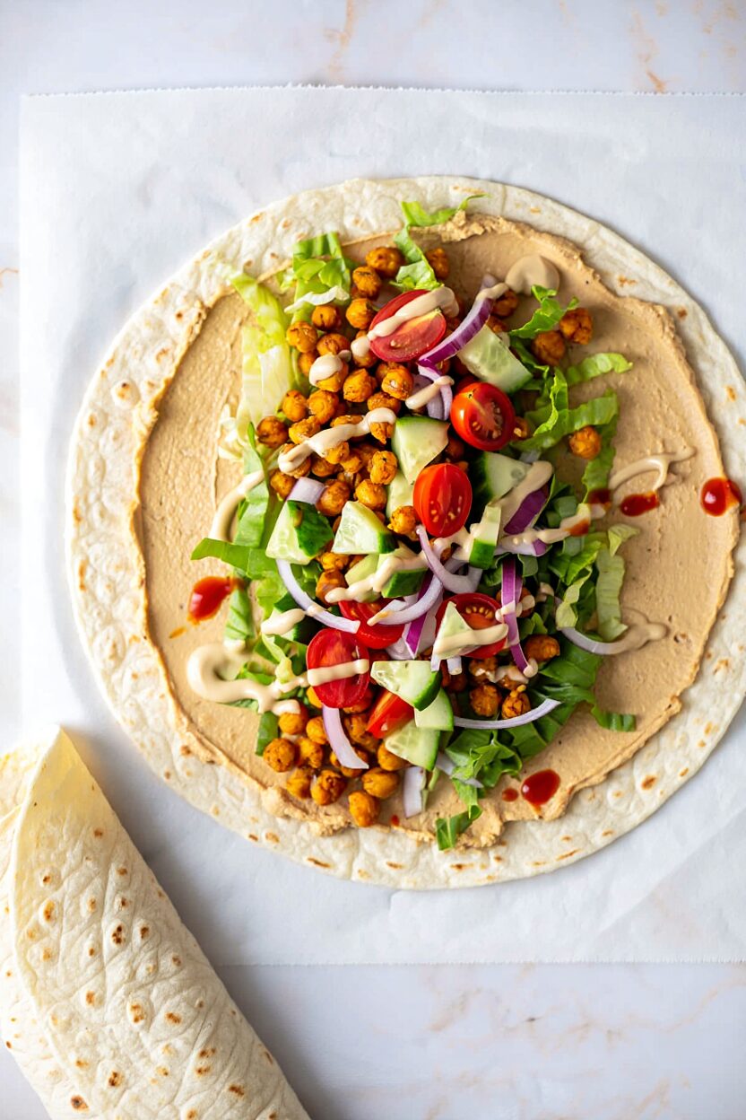 Chickpea Shawarma Wraps Ingredients 2 cans chickpeas, 15 oz each, drained and rinsed 4 large flour tortillas or flatbreads 3 tbsp olive oil 1 tsp cumin 1 tsp smoked paprika 1/2 tsp turmeric 1/2 tsp coriander 1/2 tsp garlic powder 1/4 tsp cayenne 1 tsp salt 1/2 tsp black pepper 1 cup hummus 1 cup shredded romaine 1 cup cherry tomatoes, halved 1/2 cucumber, diced 1/4 red onion, thinly sliced Tahini sauce and hot sauce for serving