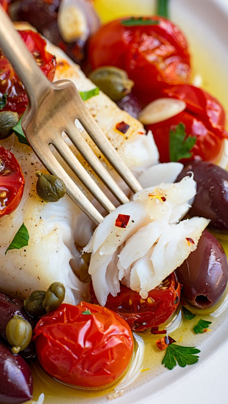 Baked Cod with Tomatoes, Capers, and Olives