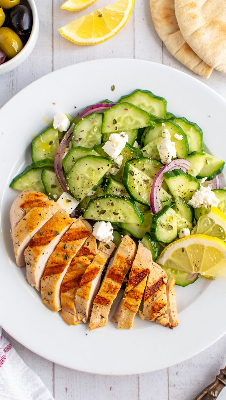 Smashed Cucumber and Feta Salad with Grilled Chicken