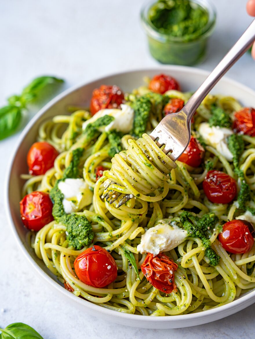 Pesto Pasta with Cherry Tomatoes and Mozzarella
