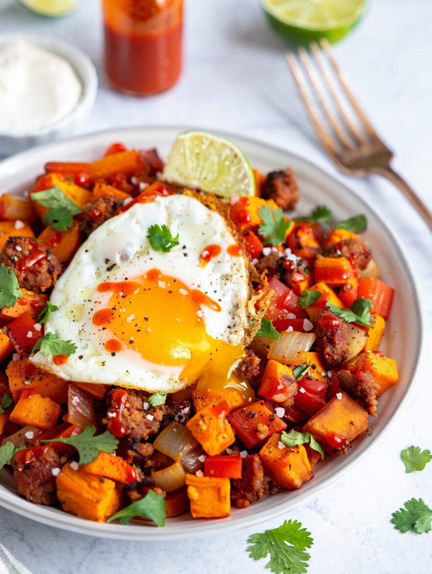 Sweet Potato and Chorizo Hash with Fried Eggs