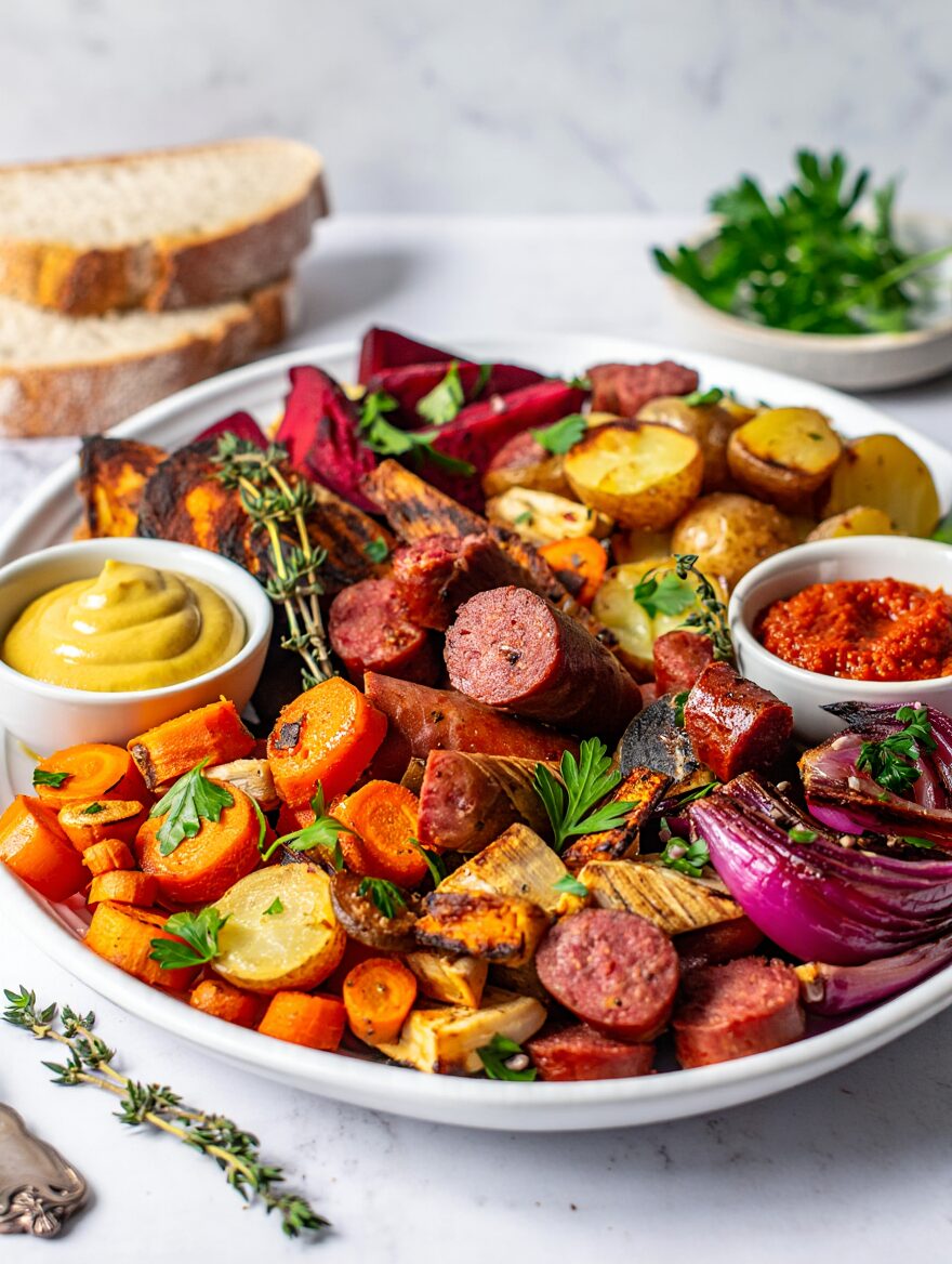 Spiced Roasted Root Vegetable and Sausage Sheet Pan