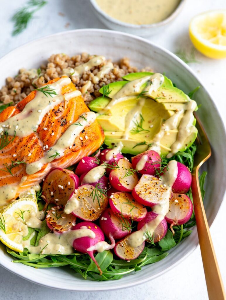 Roasted Radish and Salmon Grain Bowl