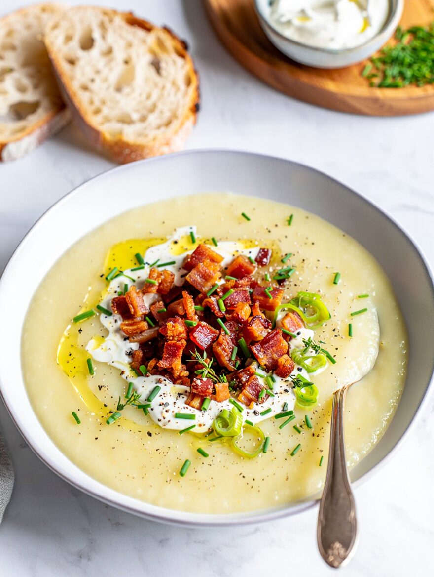Potato and Leek Soup with Crispy Pancetta
