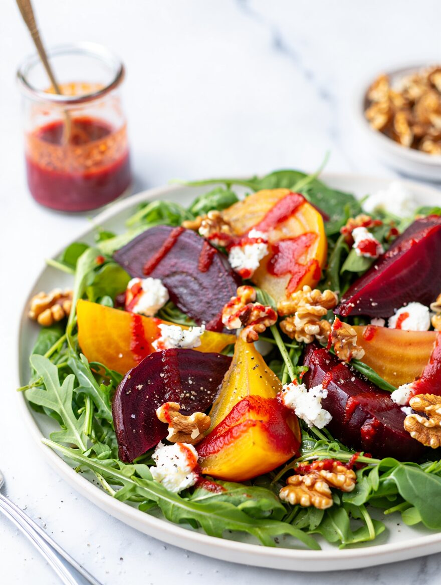 Slow Roasted Beet and Goat Cheese Salad with Candied Walnuts