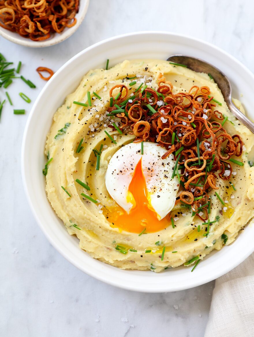 Mashed Root Vegetable Bowl with Crispy Shallots and Poached Eggs