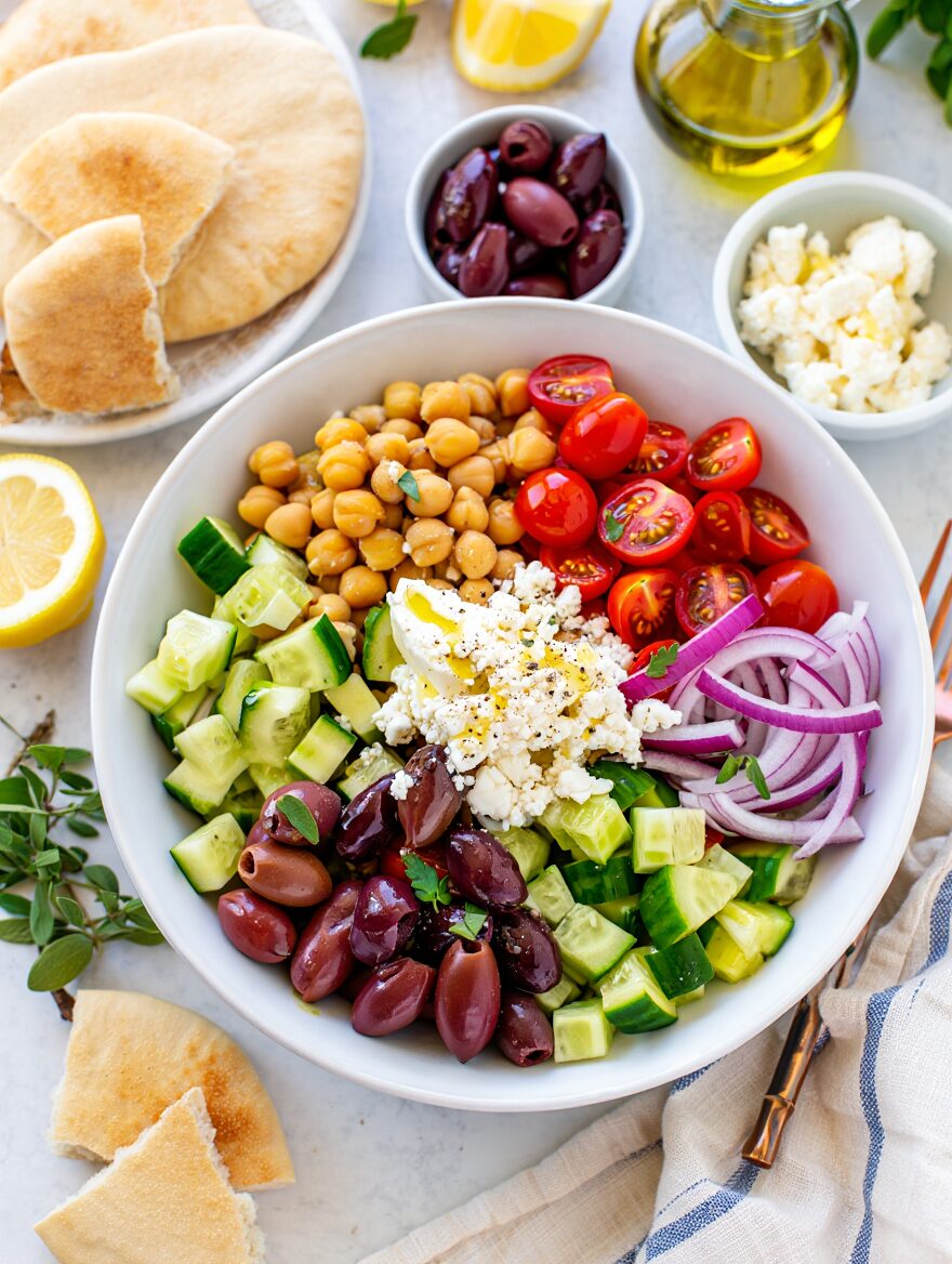 Greek Salad Bowls with Chickpeas and Pita