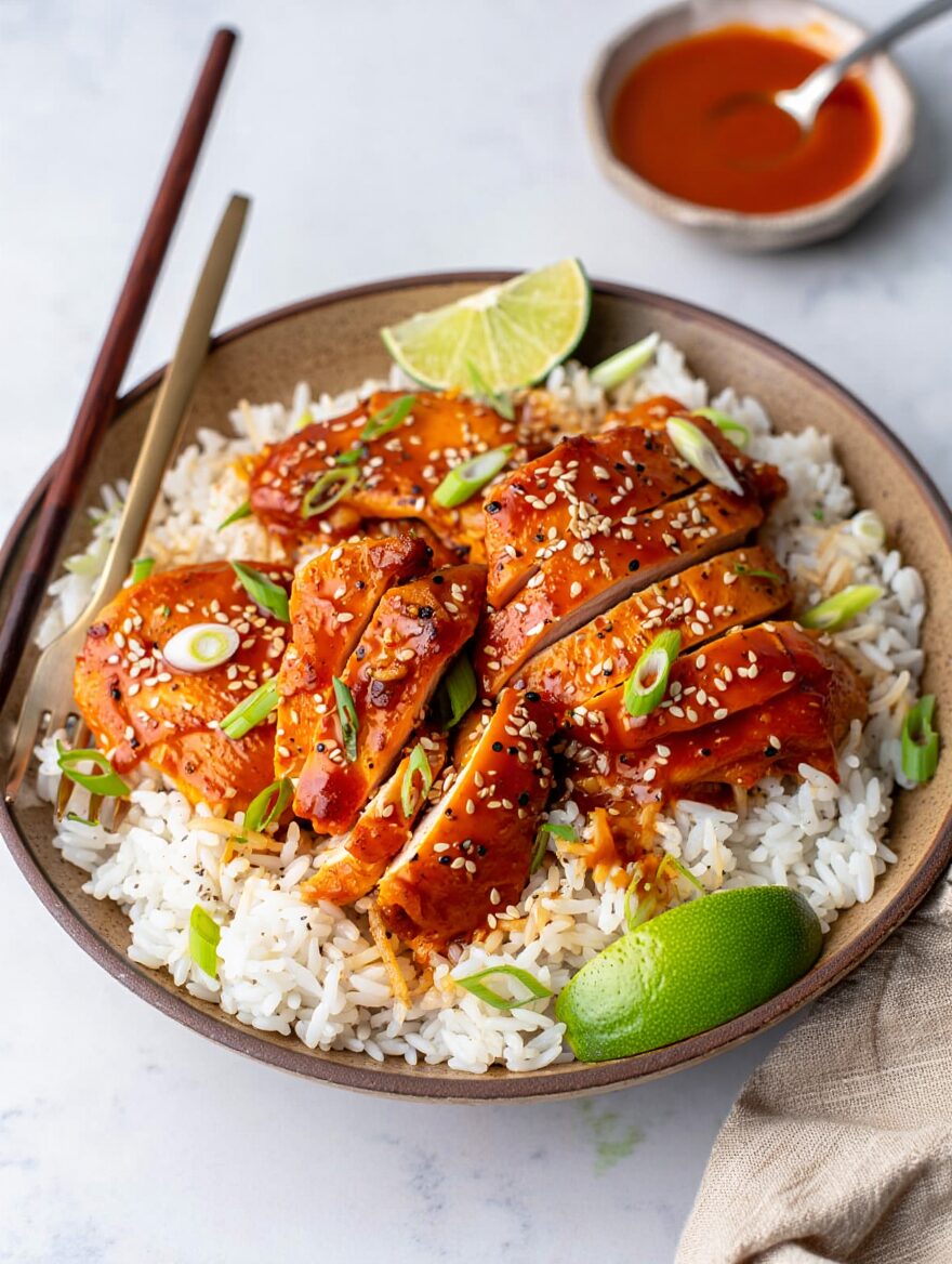 Ingredients 4 boneless skinless chicken thighs 3 tablespoons honey 2 tablespoons sriracha 2 tablespoons soy sauce 2 cloves garlic, minced 1 tablespoon lime juice 1 teaspoon sesame oil Salt and black pepper to taste Toasted sesame seeds and sliced green onions for garnish Cooked white rice for serving