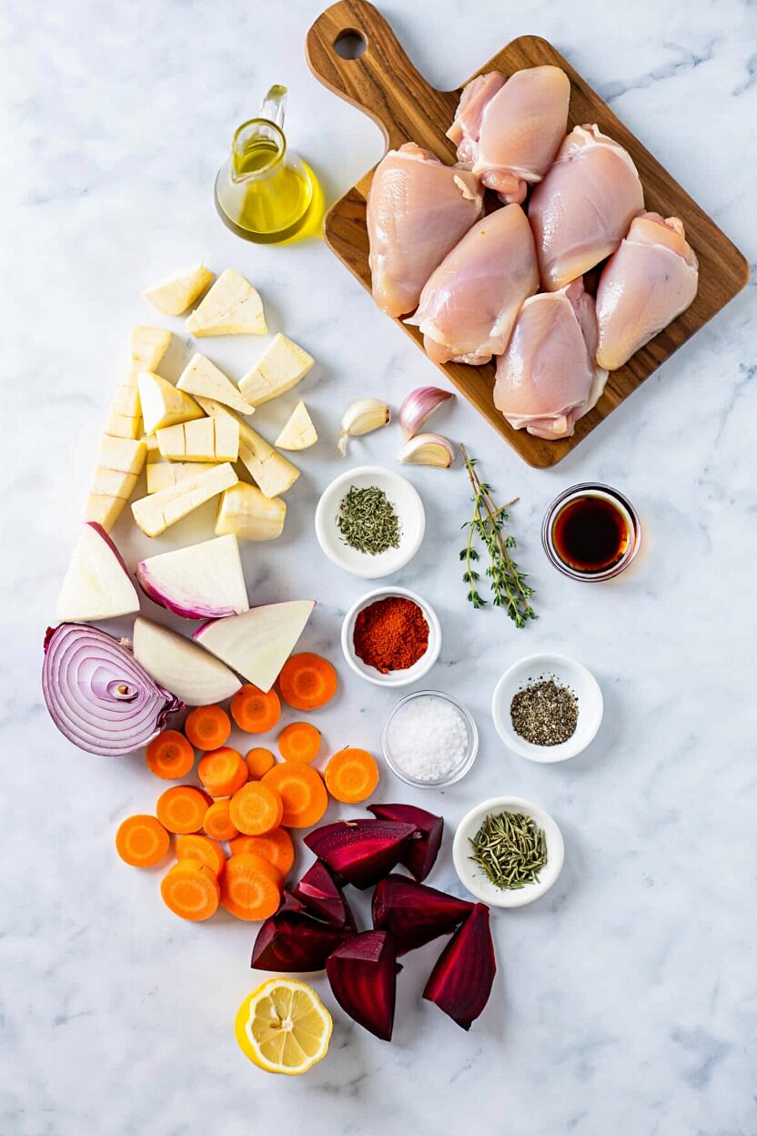 Roasted Root Vegetable Traybake with Chicken Thighs