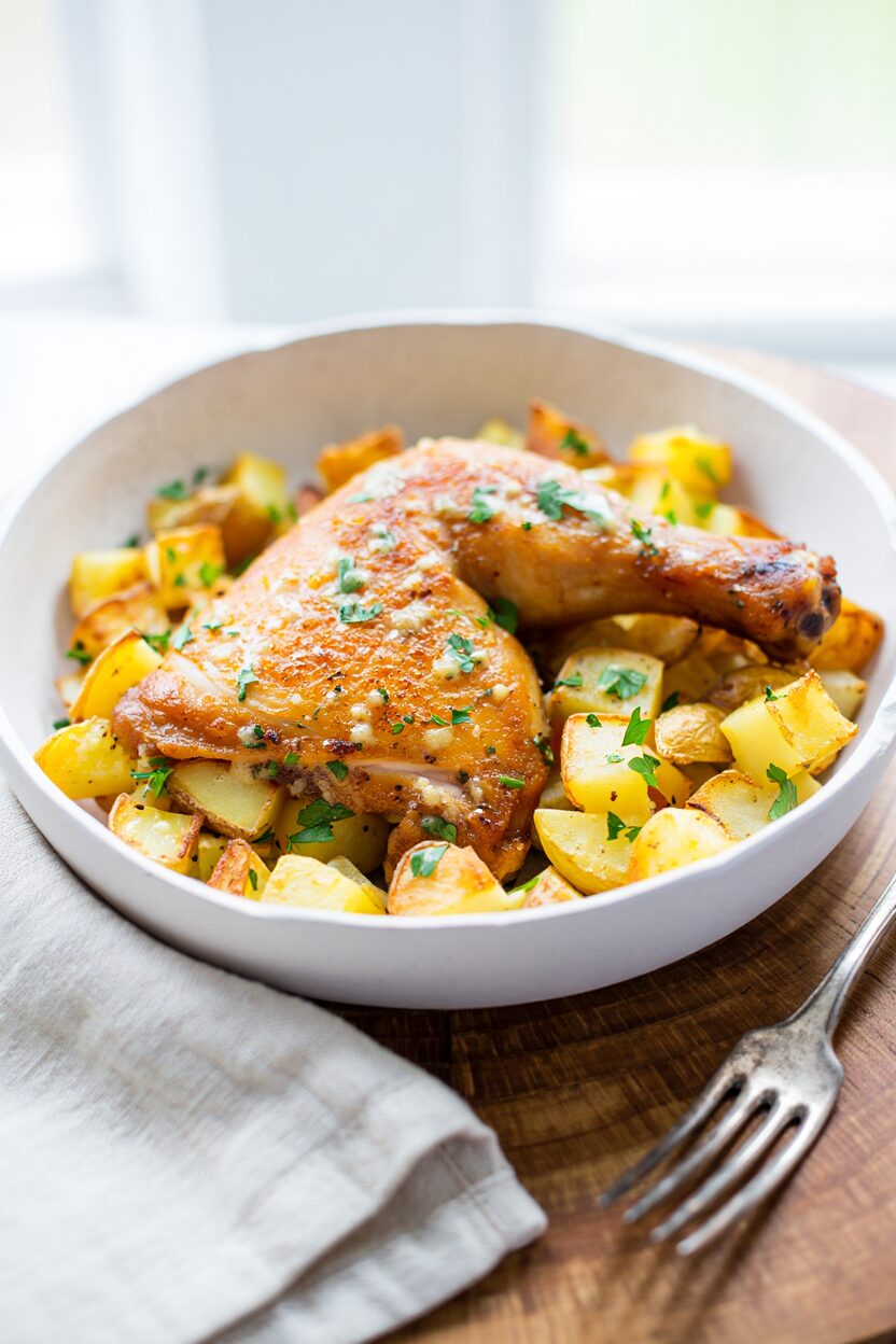 Garlic Butter Baked Chicken Leg Quarters with Roasted Potatoes
