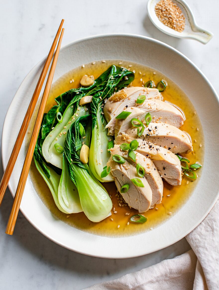 Poached Chicken with Ginger Broth and Bok Choy