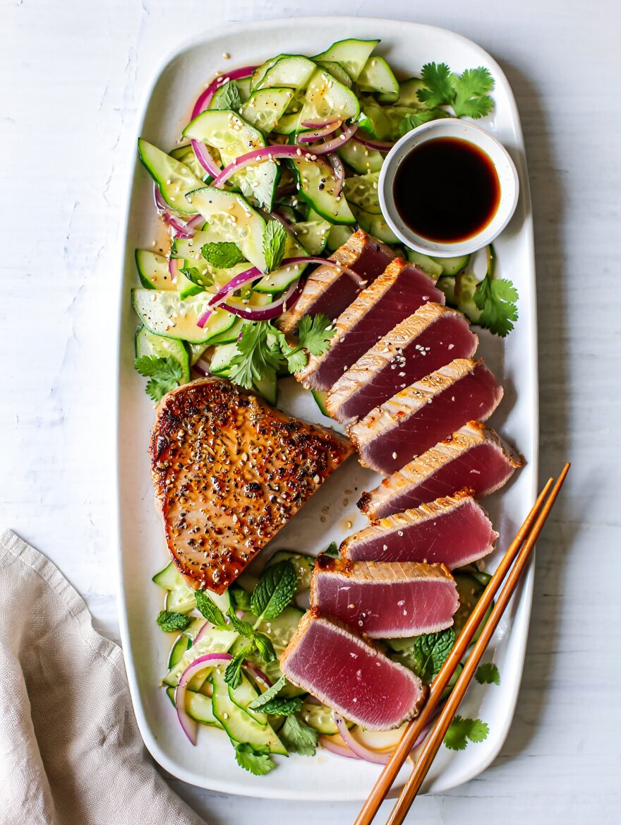 Seared Tuna Steak with Cucumber Salad