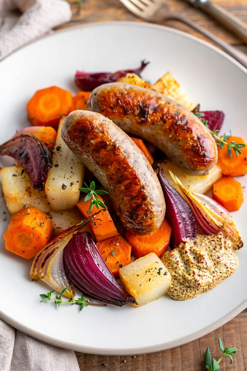 Harvest Sheet Pan Sausages with Root Vegetables