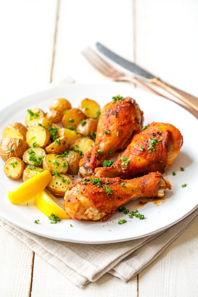 Crispy Baked Chicken Legs with Roasted Potatoes