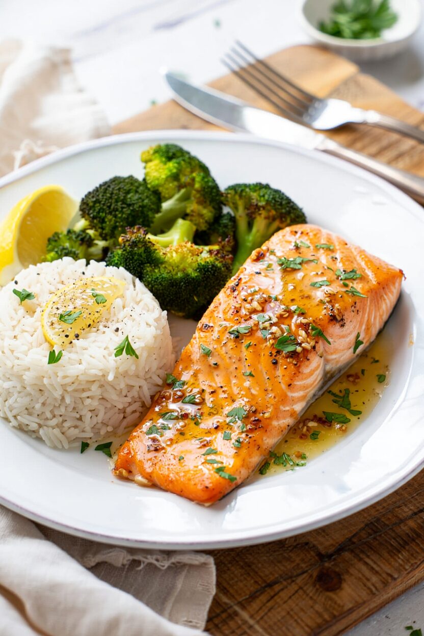 Garlic Butter Salmon with Roasted Broccoli and Rice
