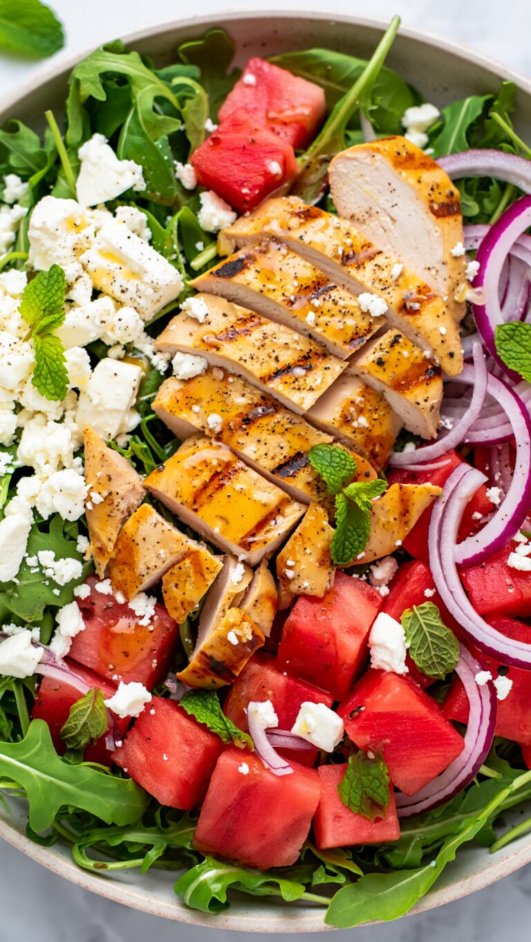 Watermelon Feta and Arugula Salad with Grilled Chicken