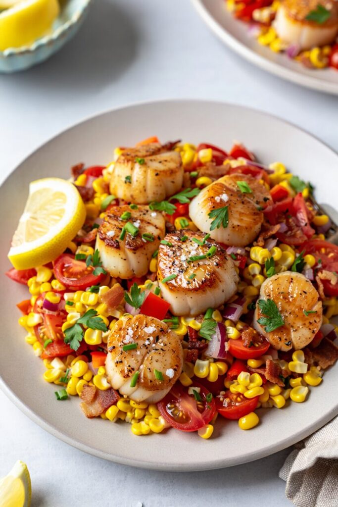 Seared Scallops with Corn and Bacon Succotash