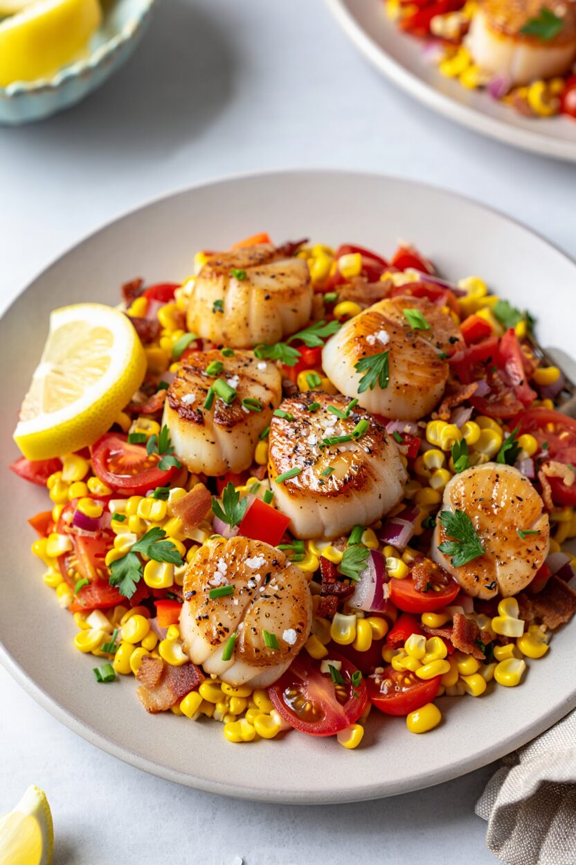 Seared Scallops with Corn and Bacon Succotash