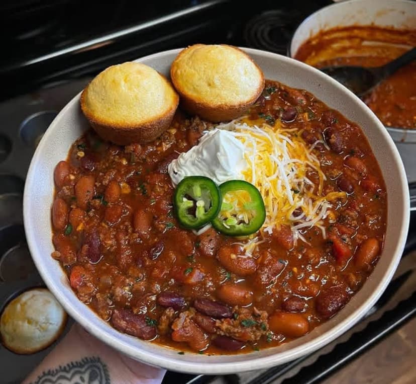 Graveyard Chili with Cornbread Tombstones