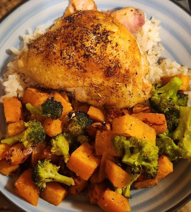 Sheet Pan Chicken Thighs with Sweet Potato and Broccoli